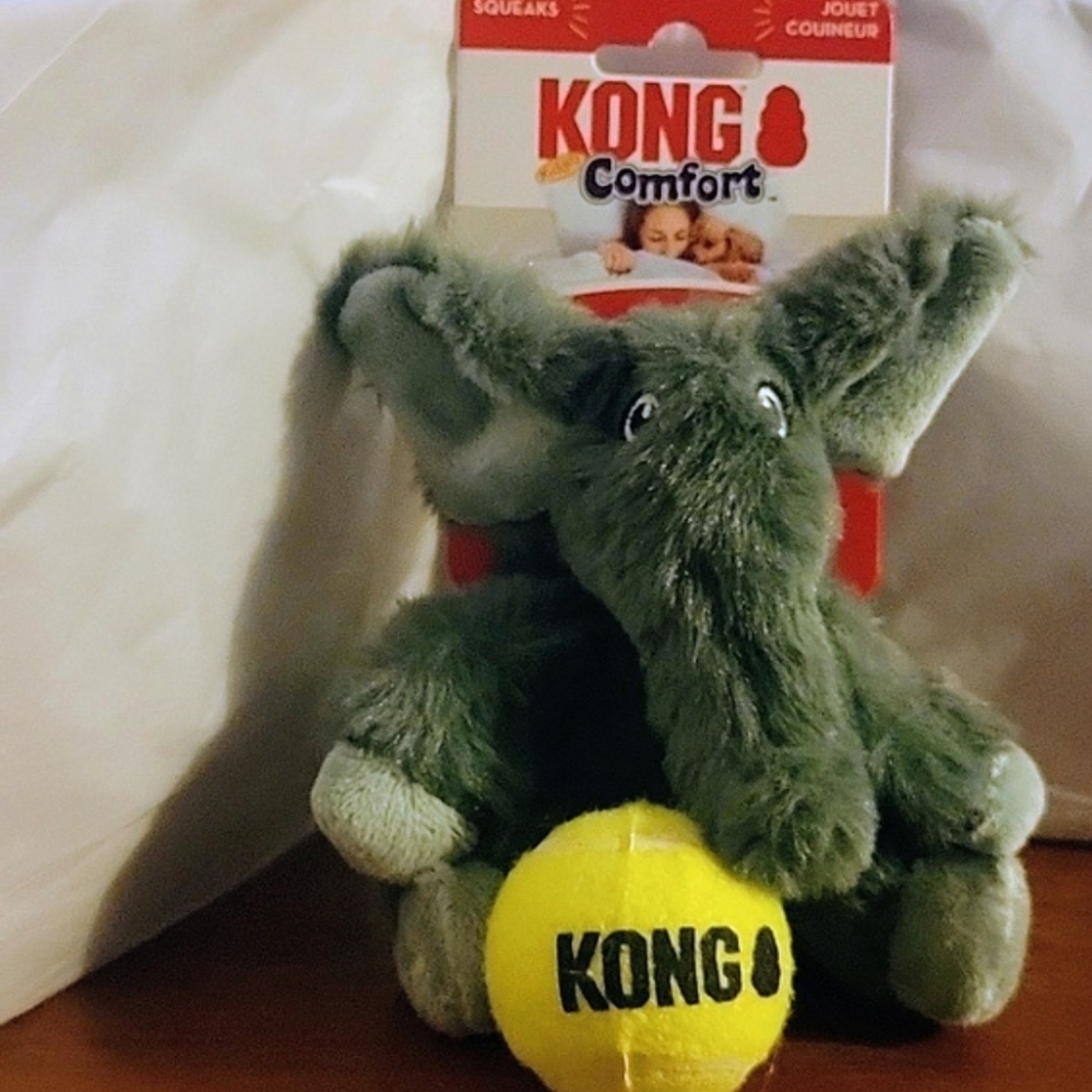 New Dog Toy KONG Kiddoz Comfort Fuzzy Elephant Squeaker 5" & Small Kong Ball